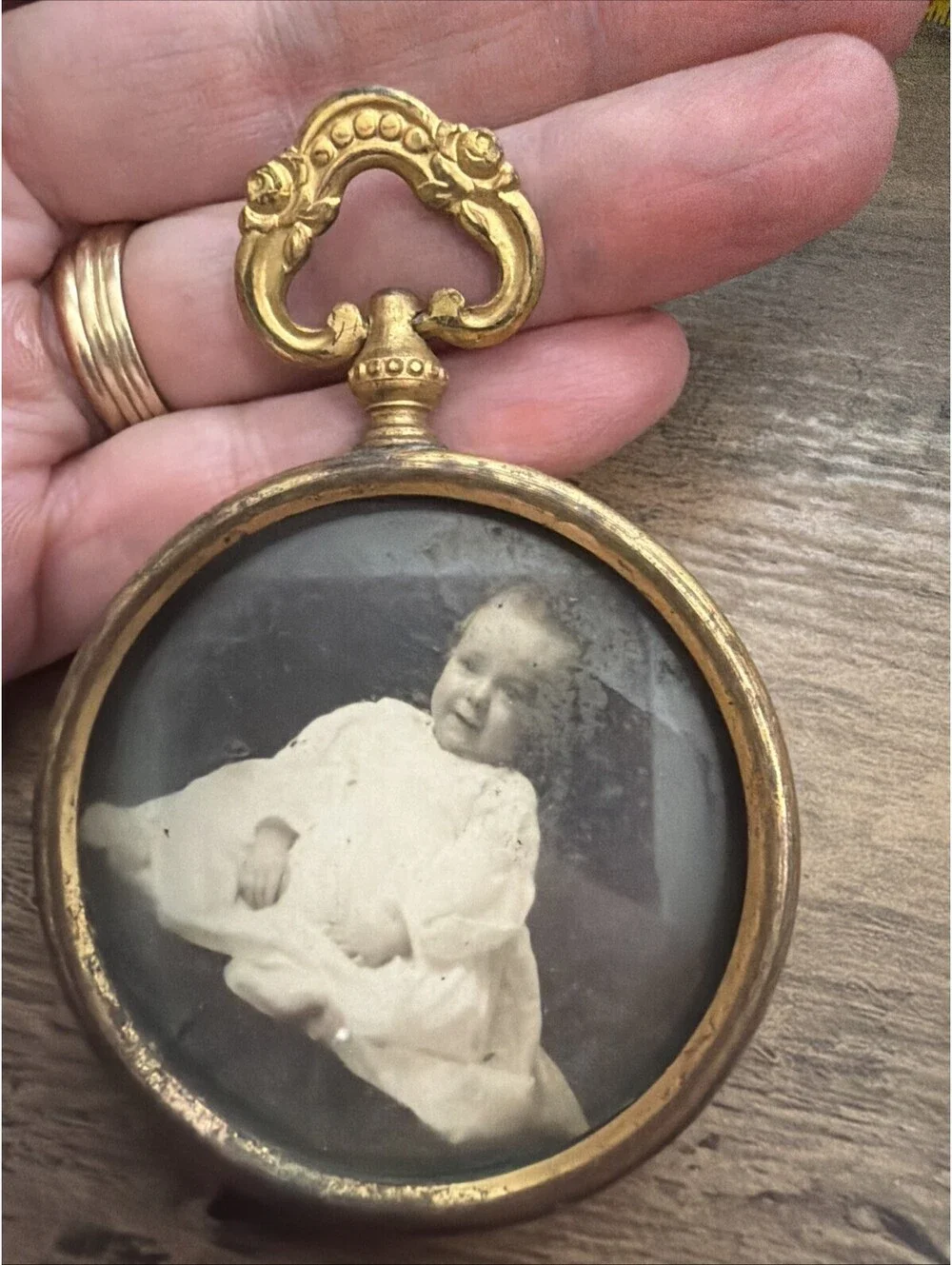 Antique Photograph of Child in Round Gold Frame Victorian